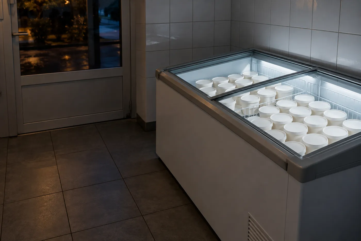 Kühltruhe mit Glasdeckel und Eisbechern in einem hell gefliesten Vorraum am Abend